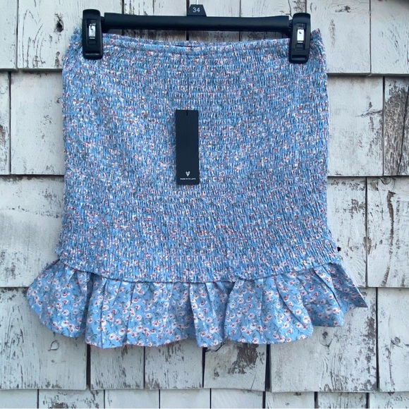 Lulus Sweetie Blue Floral Print Smocked Ruffled Bodycon Mini Skirt - Picture 4 of 6